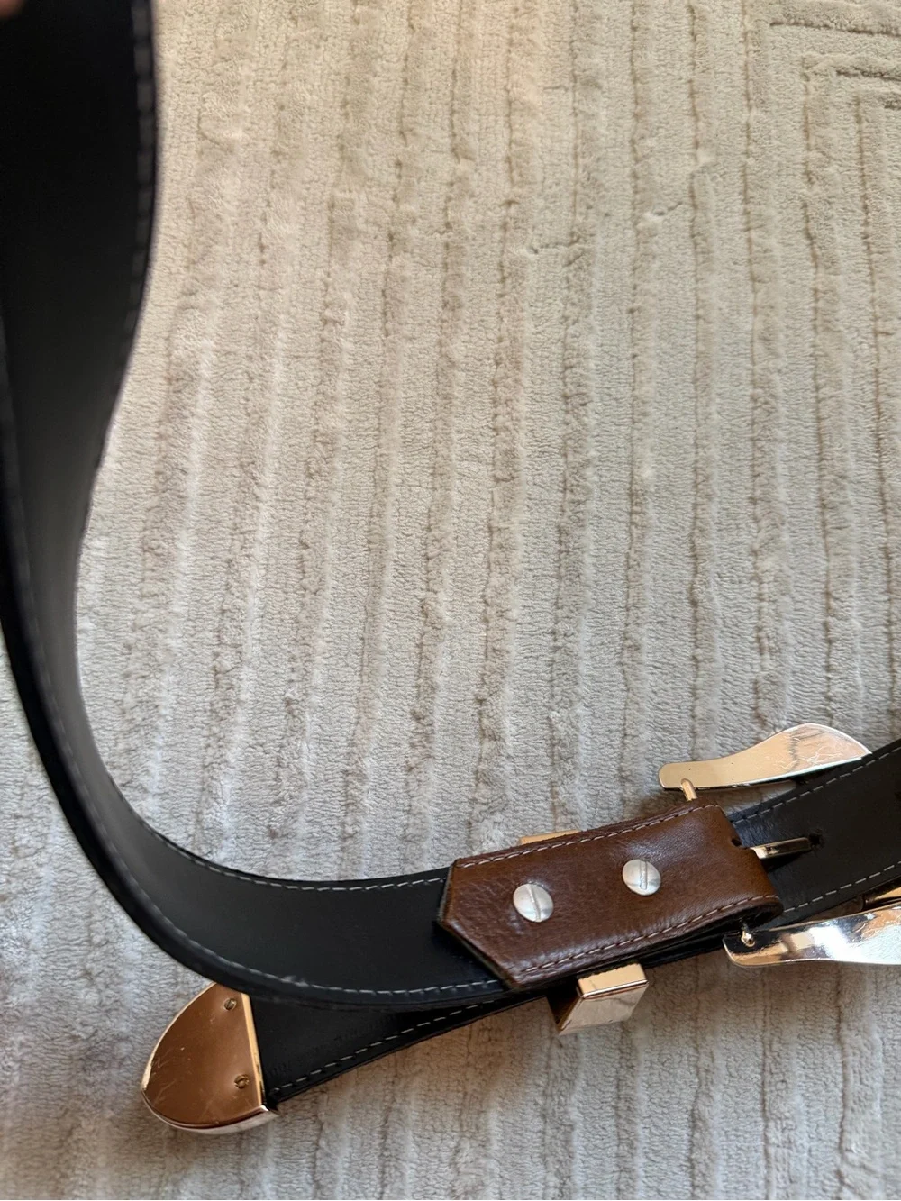 Women's Brown Leather Double Western Buckle Belt with Silver Floral Accents